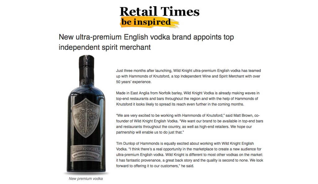 New ultra-premium English vodka brand appoints top independent spirit merchant, May 10, 2016